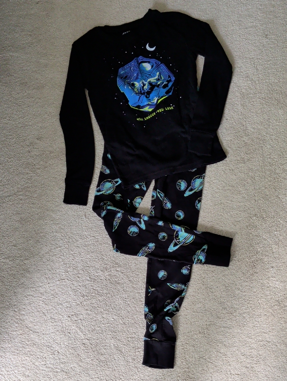 Old Navy Black Space Print Kids Pajama Set with Blue Teal Accents